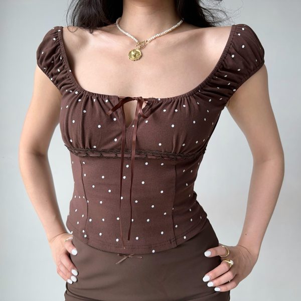 Vintage Polka Dot Lace-Up Square Neck Puff Sleeve T-Shirt for Women - Slim Fit Summer Hot Girl Style