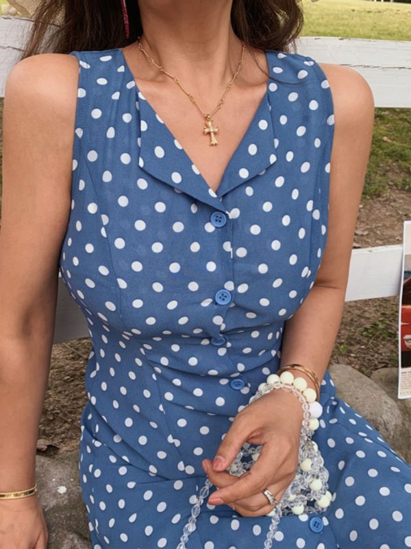 Vintage Polka Dot Sleeveless Vest Dress for Women - French Style, Small Lapel, Waist-Defined, 2022 Spring/Summer, Hong Kong Fashion