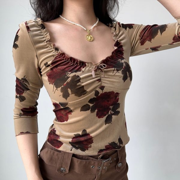 Vintage Print Velvet Ruffled T-shirt for Women - Sexy Low-Cut, Three-Quarter Sleeve, Autumn Winter Fashion Top