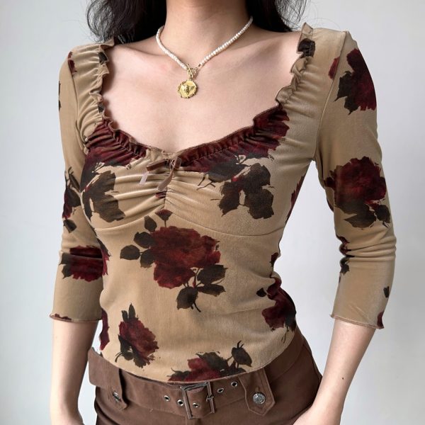 Vintage Print Velvet Ruffled T-shirt for Women - Sexy Low-Cut, Three-Quarter Sleeve, Autumn Winter Fashion Top