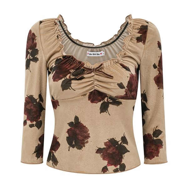 Vintage Print Velvet Ruffled T-shirt for Women - Sexy Low-Cut, Three-Quarter Sleeve, Autumn Winter Fashion Top