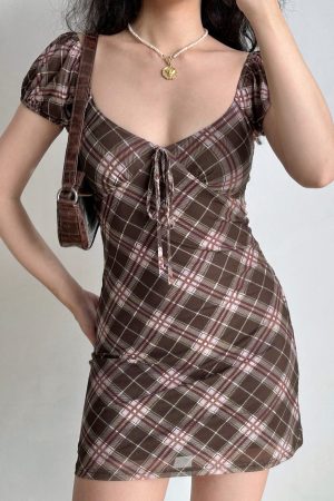 Vintage Puff Sleeve Plaid Dress - Women's Summer Slim A-Line Short Skirt - Y2K Trendy Hot Girl Style