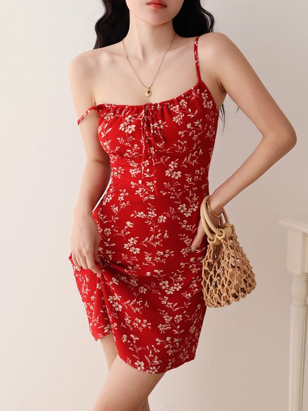 Vintage Red Floral Slip Dress for Women, Slimming Tie-Up Mini Dress, Elegant Holiday Style, Perfect for 90s and Y2K Fashion