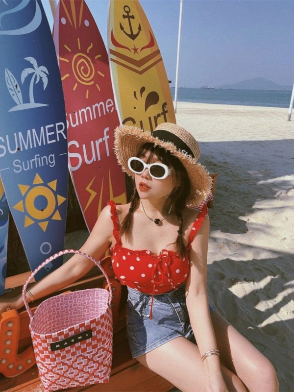 Vintage Red Polka Dot Ruffle Bow Camisole Top - 2024 Spring/Summer Vacation Style, Y2K-Inspired Fashion