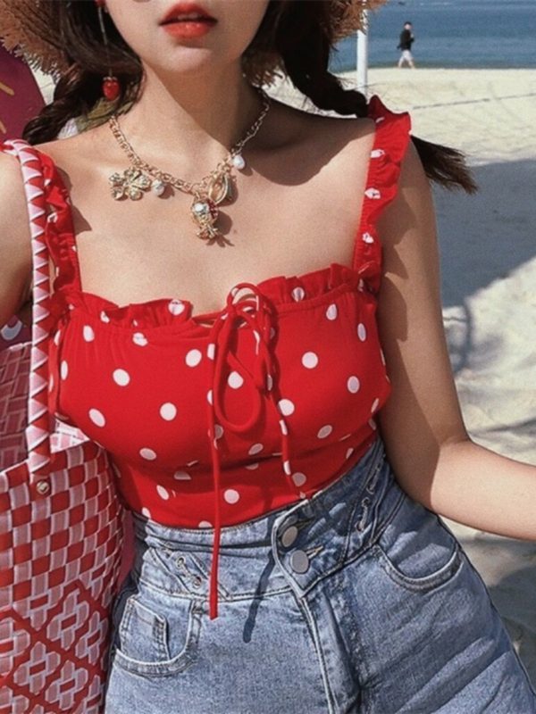 Vintage Red Polka Dot Ruffle Bow Camisole Top - 2024 Spring/Summer Vacation Style, Y2K-Inspired Fashion