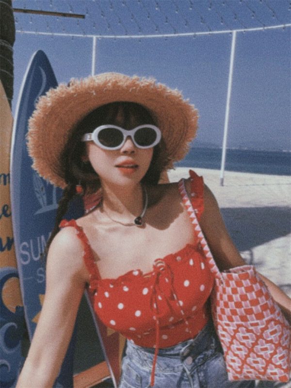 Vintage Red Polka Dot Ruffle Bow Camisole Top - 2024 Spring/Summer Vacation Style, Y2K-Inspired Fashion