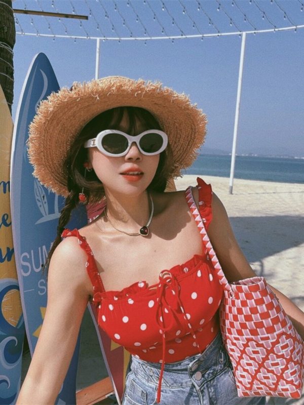 Vintage Red Polka Dot Ruffle Bow Camisole Top - 2024 Spring/Summer Vacation Style, Y2K-Inspired Fashion
