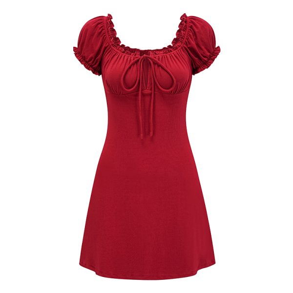Vintage Red Square Neck Tie Dress with Puff Sleeves - Slim Fit Bodycon Mini Skirt for a Chic Y2K Look