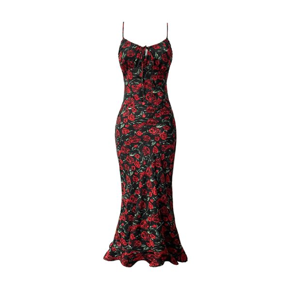 Vintage Rose Floral Print Spaghetti Strap Dress - Backless Mermaid Style, Perfect for Summer & Y2K Fashion Lovers