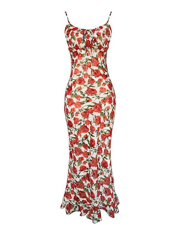 Vintage Rose Floral Print Spaghetti Strap Dress - Backless Mermaid Style, Perfect for Summer & Y2K Fashion Lovers