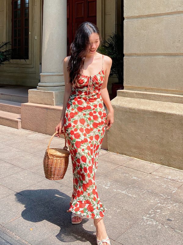 Vintage Rose Floral Print Spaghetti Strap Dress - Backless Mermaid Style, Perfect for Summer & Y2K Fashion Lovers