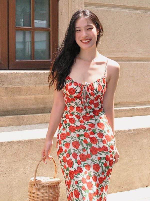 Vintage Rose Floral Print Spaghetti Strap Dress - Backless Mermaid Style, Perfect for Summer & Y2K Fashion Lovers