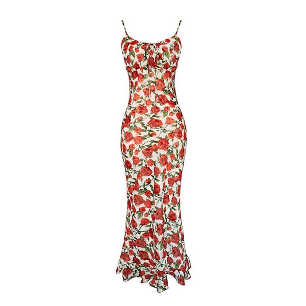 Vintage Rose Floral Print Spaghetti Strap Dress - Backless Mermaid Style, Perfect for Summer & Y2K Fashion Lovers