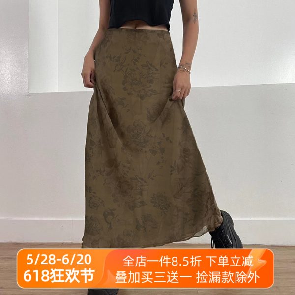 Vintage Rose Print Mesh Midi Skirt for Women, Wabi-Sabi Style, Low Waist, Draped, Retro Aesthetic, Hip-Covering, Long Straight Design