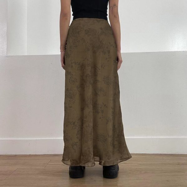 Vintage Rose Print Mesh Midi Skirt for Women, Wabi-Sabi Style, Low Waist, Draped, Retro Aesthetic, Hip-Covering, Long Straight Design
