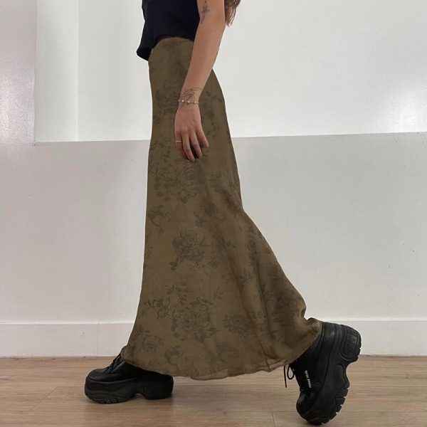 Vintage Rose Print Mesh Midi Skirt for Women, Wabi-Sabi Style, Low Waist, Draped, Retro Aesthetic, Hip-Covering, Long Straight Design