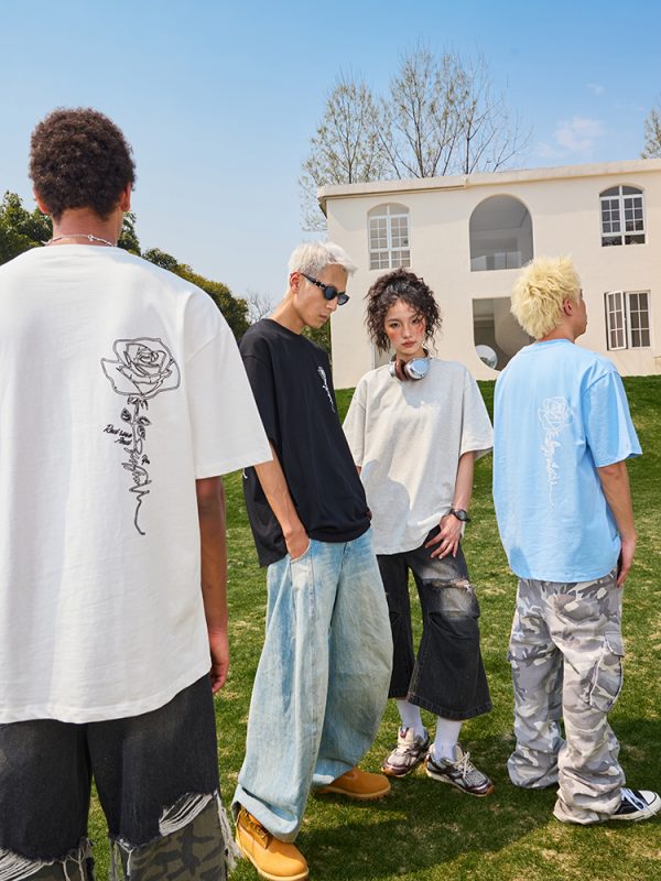 Vintage Rose Print Short Sleeve T-Shirt for Couples - Unisex American Streetwear Loose Fit 2025 Y2K Style