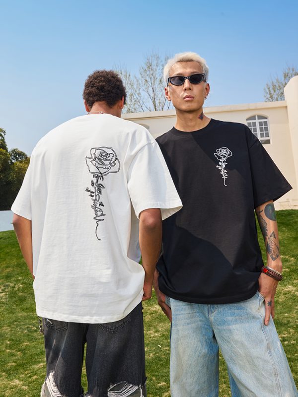 Vintage Rose Print Short Sleeve T-Shirt for Couples - Unisex American Streetwear Loose Fit 2025 Y2K Style