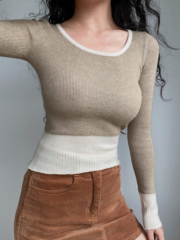 Vintage Round Neck Slim Fit High Waist Knit Top with Long Sleeves - Versatile 90s-Inspired Fashion Essential