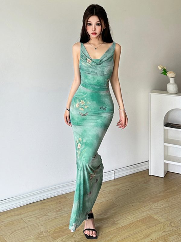 Vintage Ruffled Butterfly Print Mesh Dress with Long Skirt - Retro Style, 90s Inspired, Mint Green Mambo Design