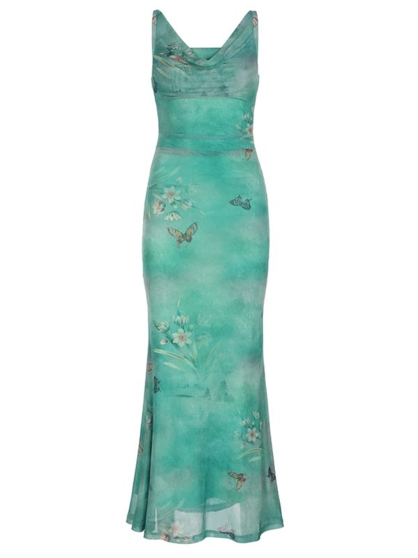 Vintage Ruffled Butterfly Print Mesh Dress with Long Skirt - Retro Style, 90s Inspired, Mint Green Mambo Design