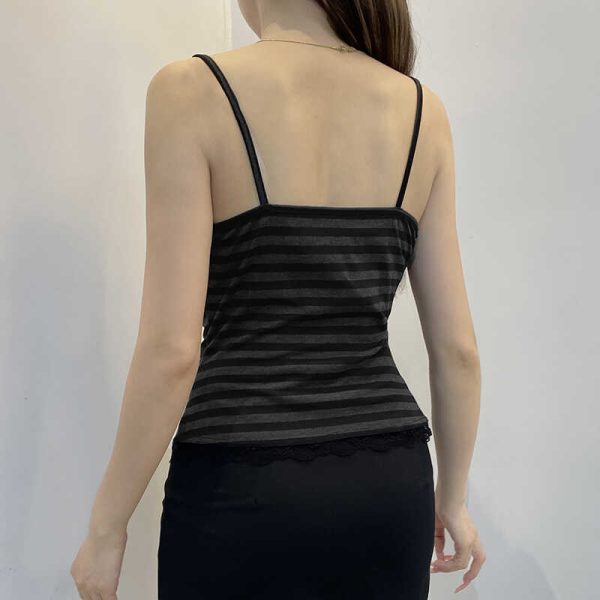 Vintage Shibuya Striped Lace Spliced Pleated Camisole for Women - Slim Fit Versatile Base Top in 90s Style