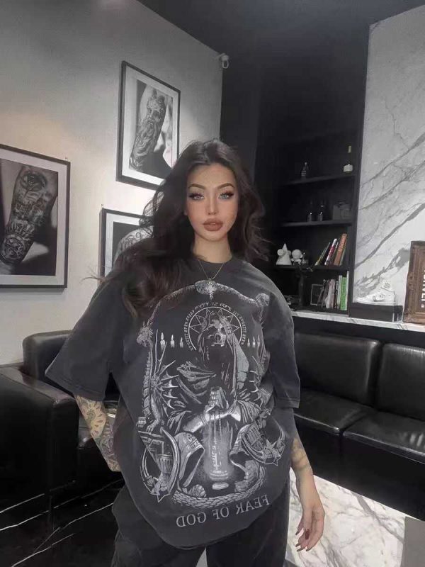 Vintage Skull Print Washed Distressed Short Sleeve T-Shirt for Couples - Trendy American Street Style