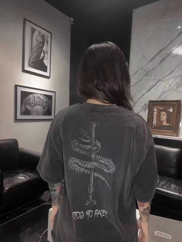 Vintage Skull Print Washed Distressed Short Sleeve T-Shirt for Couples - Trendy American Street Style