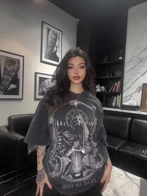 Vintage Skull Print Washed Distressed Short Sleeve T-Shirt for Couples - Trendy American Street Style