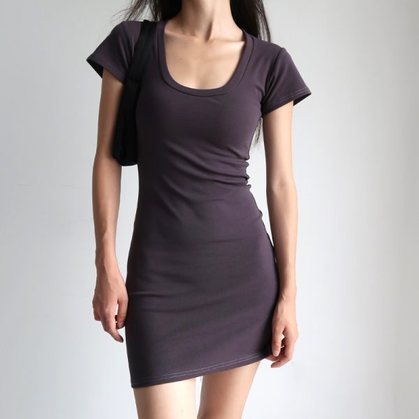 Vintage Slim-Fit Stretchy Big U-Neck High-Waisted Short Sleeve Dress for Women - American Style, Casual Chic Fashion