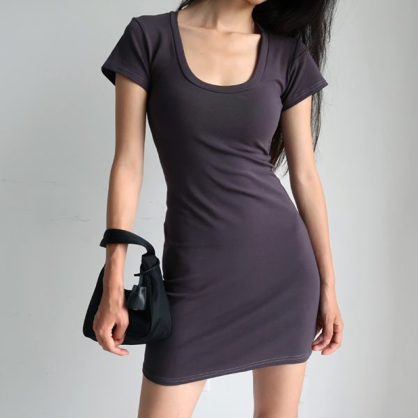 Vintage Slim-Fit Stretchy Big U-Neck High-Waisted Short Sleeve Dress for Women - American Style, Casual Chic Fashion