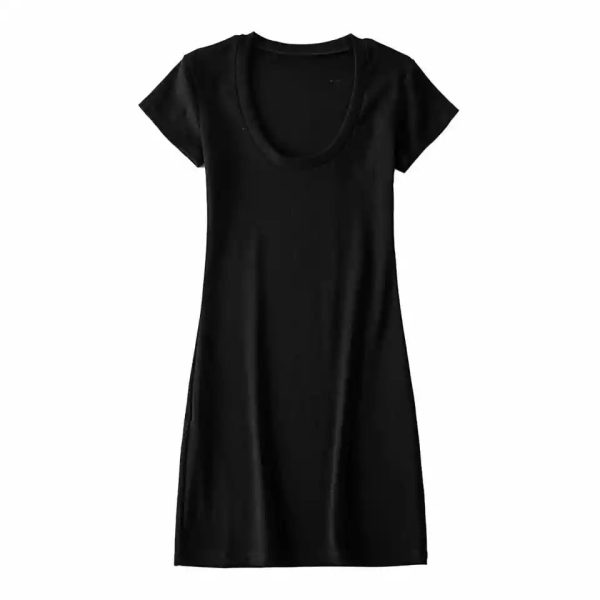 Vintage Slim-Fit Stretchy Big U-Neck High-Waisted Short Sleeve Dress for Women - American Style, Casual Chic Fashion