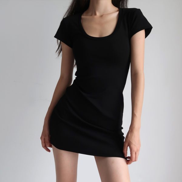 Vintage Slim-Fit Stretchy Big U-Neck High-Waisted Short Sleeve Dress for Women - American Style, Casual Chic Fashion