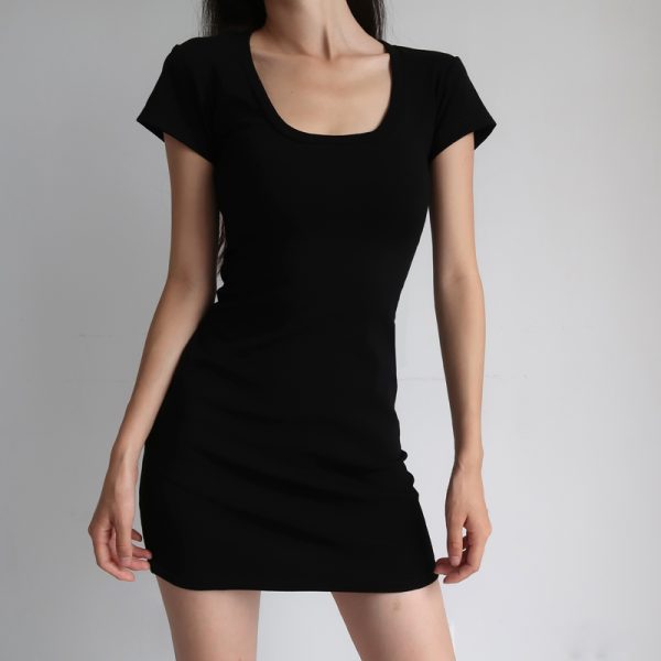 Vintage Slim-Fit Stretchy Big U-Neck High-Waisted Short Sleeve Dress for Women - American Style, Casual Chic Fashion