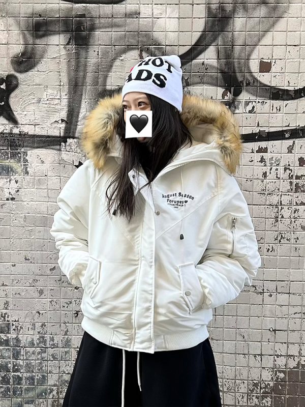 Vintage Slogan Embroidered Hooded Parka with Thick Fur Collar for Men and Women - Warm Cotton Jacket for Couples, Y2K Style
