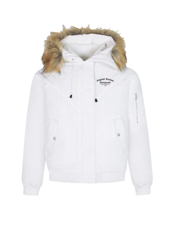 Vintage Slogan Embroidered Hooded Parka with Thick Fur Collar for Men and Women - Warm Cotton Jacket for Couples, Y2K Style