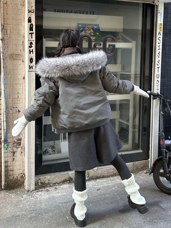 Vintage Slogan Embroidered Hooded Parka with Thick Fur Collar for Men and Women - Warm Cotton Jacket for Couples, Y2K Style