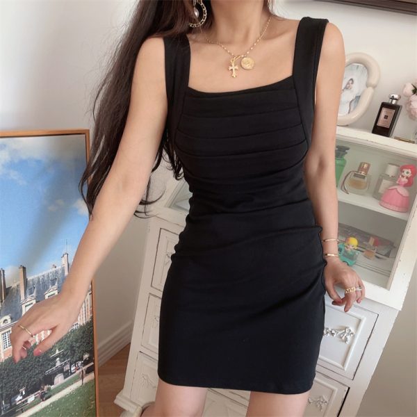 Vintage Square Neck Wide Strap Bodycon Dress with Gathered Waist for Spring/Summer - Retro Vacation Style