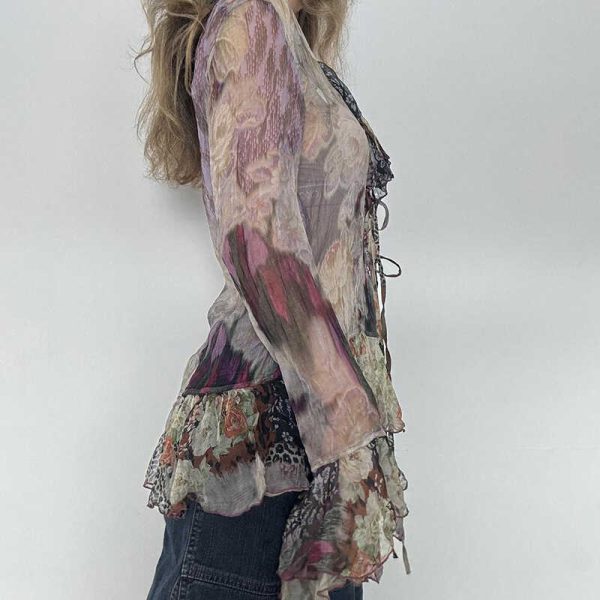 Vintage Star-Style Lace-Up Mesh Top - Elegant Slim-Fit Long Sleeve Chiffon Shirt for Y2K and 90s Inspired Fashion