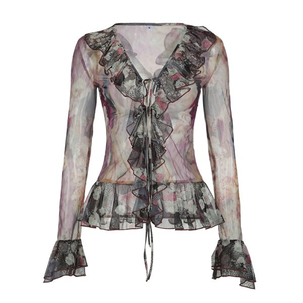Vintage Star-Style Lace-Up Mesh Top - Elegant Slim-Fit Long Sleeve Chiffon Shirt for Y2K and 90s Inspired Fashion