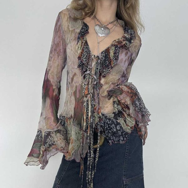 Vintage Star-Style Lace-Up Mesh Top - Elegant Slim-Fit Long Sleeve Chiffon Shirt for Y2K and 90s Inspired Fashion
