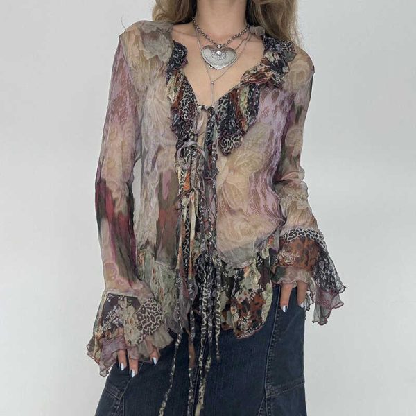 Vintage Star-Style Lace-Up Mesh Top - Elegant Slim-Fit Long Sleeve Chiffon Shirt for Y2K and 90s Inspired Fashion