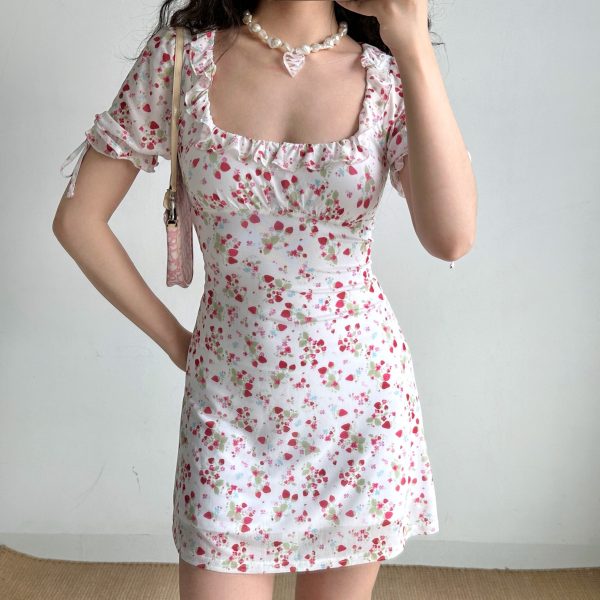 Vintage Strawberry Floral Square Neck Short Sleeve Dress for Women - Handmade with Puff Sleeves and Slim Fit - 90s Inspired Fashion