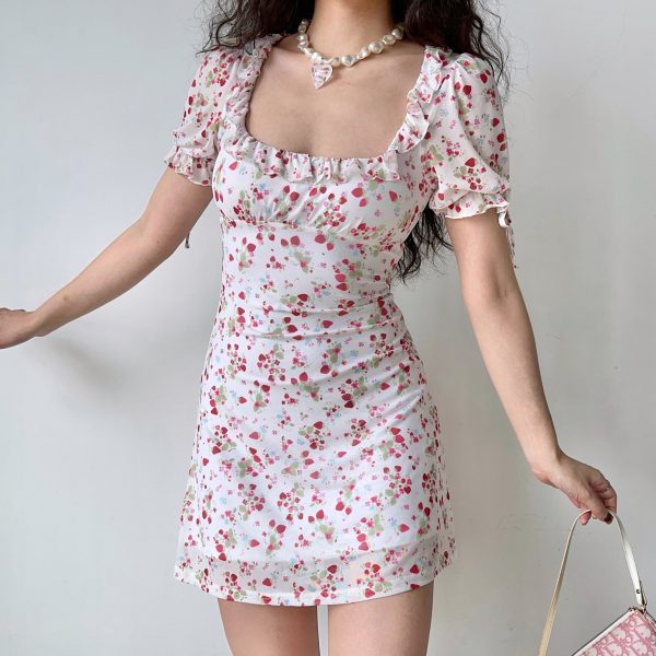 Vintage Strawberry Floral Square Neck Short Sleeve Dress for Women - Handmade with Puff Sleeves and Slim Fit - 90s Inspired Fashion