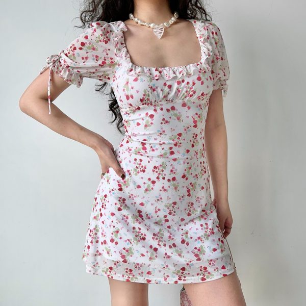 Vintage Strawberry Floral Square Neck Short Sleeve Dress for Women - Handmade with Puff Sleeves and Slim Fit - 90s Inspired Fashion