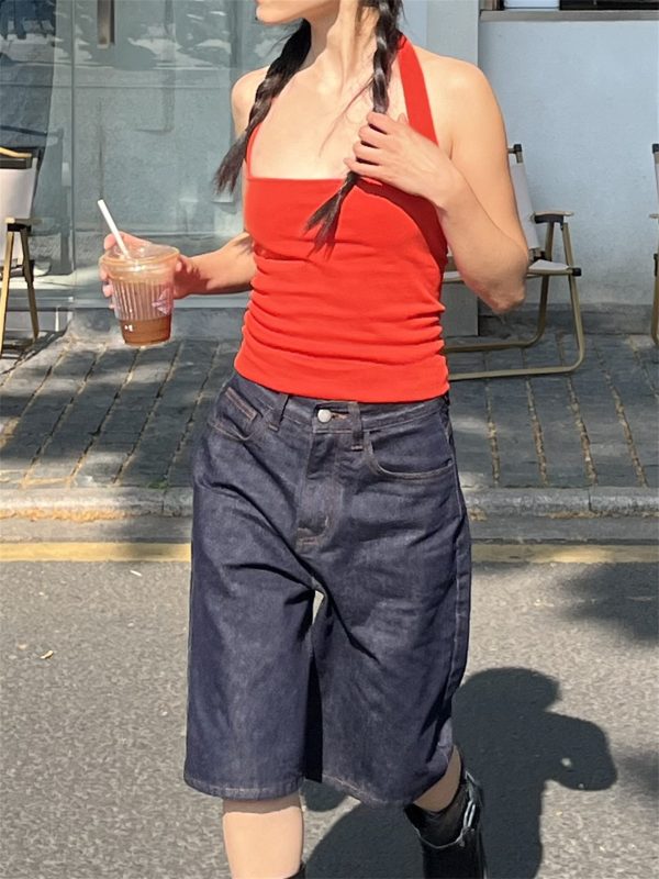 Vintage Street Style Five-Point Denim Shorts for Women, Slim Fit Boyfriend Capris, Casual American Fashion, Summer Essential