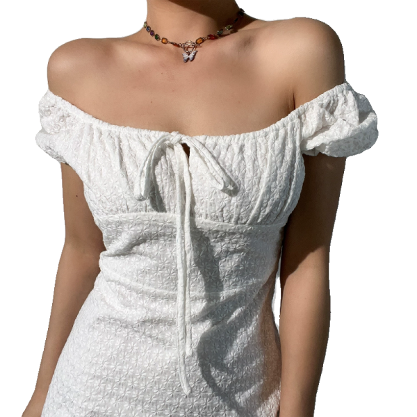 Vintage Sweet Square Neck Tie Waist Embroidered White Dress for Girls - Cute Zhao Lusi Inspired Style, Perfect for Y2K Fashion