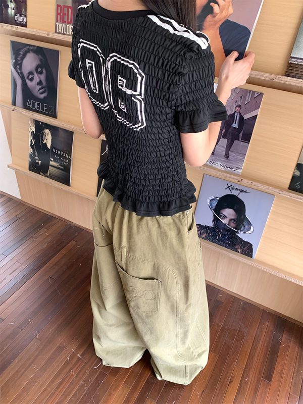 Vintage Textured Ruffled Slim Fit Short T-Shirt for Women - Summer Round Neck Jersey Short Sleeve Top in American Style
