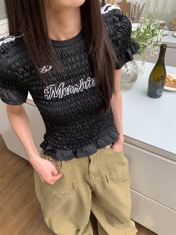 Vintage Textured Ruffled Slim Fit Short T-Shirt for Women - Summer Round Neck Jersey Short Sleeve Top in American Style