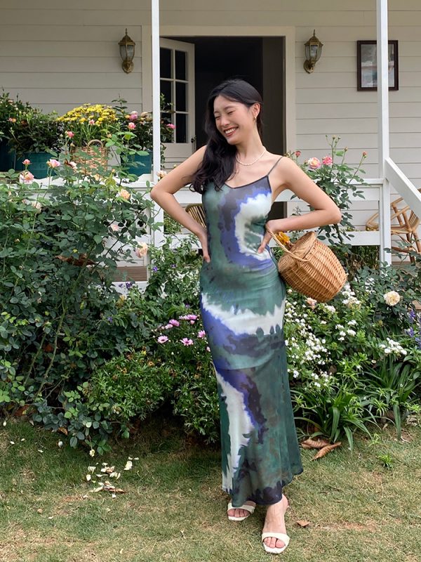 Vintage Tie-Dye Long Slim Sexy Split Dress with French Print - 90s Inspired Fashion